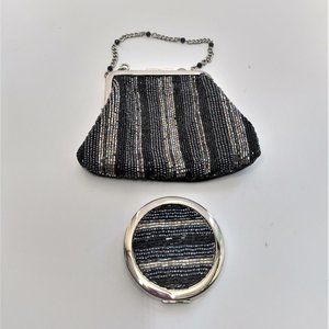 VNT Liz Claiborne Beaded Evening Bag Clutch Beaded Velvet Black Silver w/Mirror